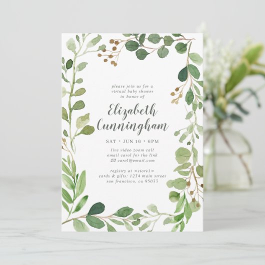 Waterverf Greenery Foliage Virtual Baby shower Kaart (Staand voorkant)