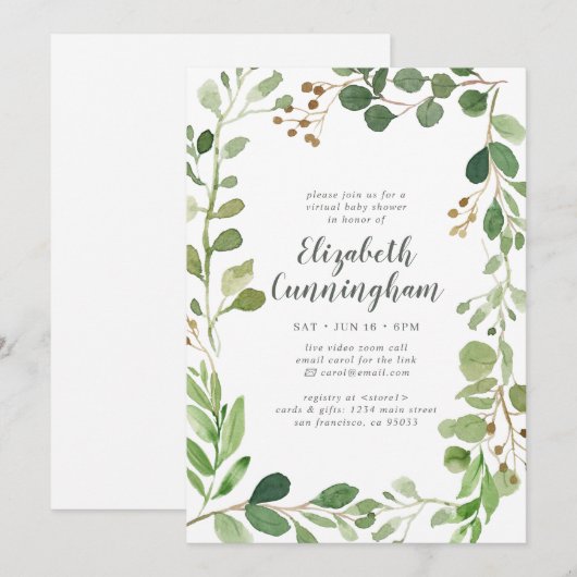 Waterverf Greenery Foliage Virtual Baby shower Kaart (Voorkant / Achterkant)