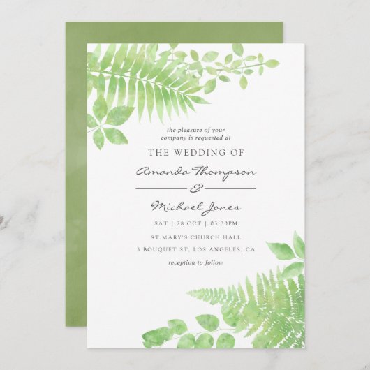 Waterverf Greenery Foliage Wedding Invitation Kaart (Voorkant / Achterkant)