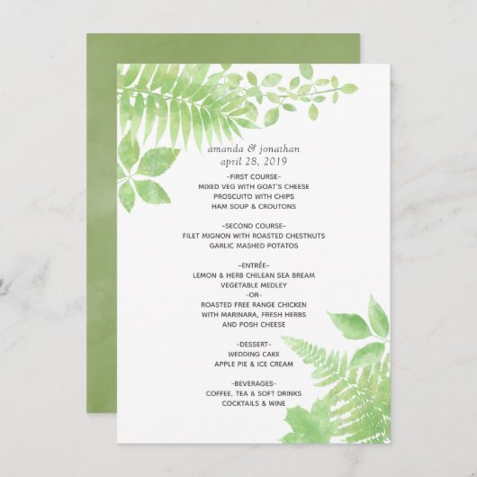 Waterverf Greenery Foliage Wedding Menu (Voorkant / Achterkant)