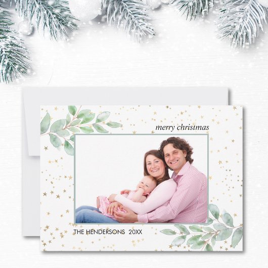 Waterverf Greenery Foto Gold Stars Kerstmis Feestdagenkaart