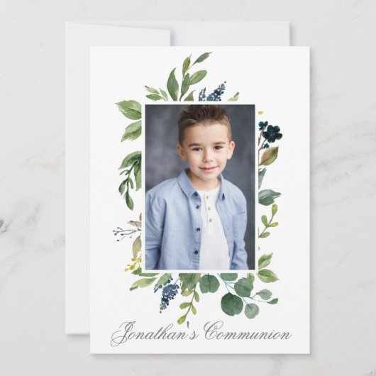 Waterverf Greenery Foto Heilige Communie Zilver Kaart (Voorkant)