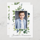 Waterverf Greenery Foto Heilige Communie Zilver Kaart (Voorkant / Achterkant)