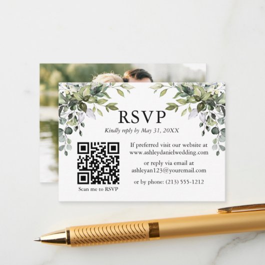 Waterverf Greenery Foto QR RSVP Wedding Informatiekaartje (Voorkant / Achterkant in situ)