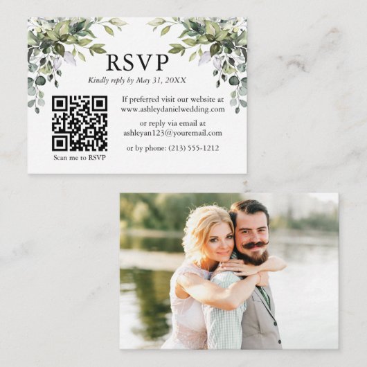 Waterverf Greenery Foto QR RSVP Wedding Informatiekaartje (Voorkant / Achterkant)