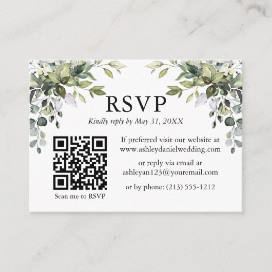 Waterverf Greenery Foto QR RSVP Wedding Informatiekaartje (Voorkant)