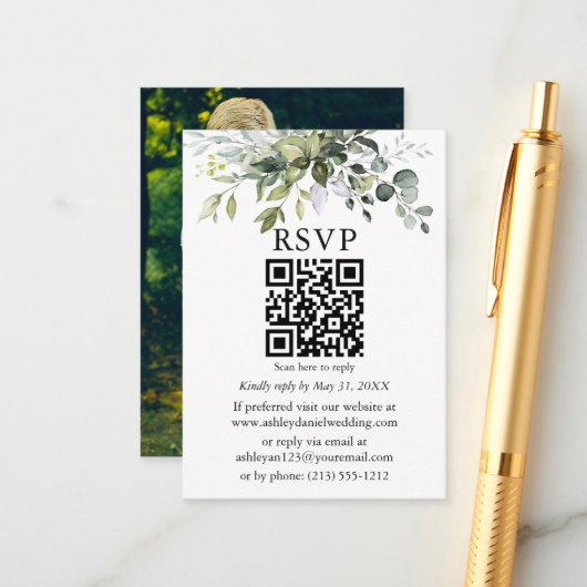 Waterverf Greenery Foto QR Wedding RSVP Informatiekaartje (Voorkant / Achterkant in situ)