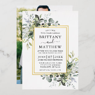 Waterverf Greenery Foto Wedding 2 Lijst Gold Folie Uitnodiging