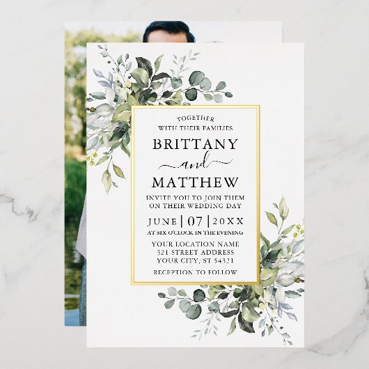 Waterverf Greenery Foto Wedding Gold Folie Uitnodiging (Voorkant / Achterkant)