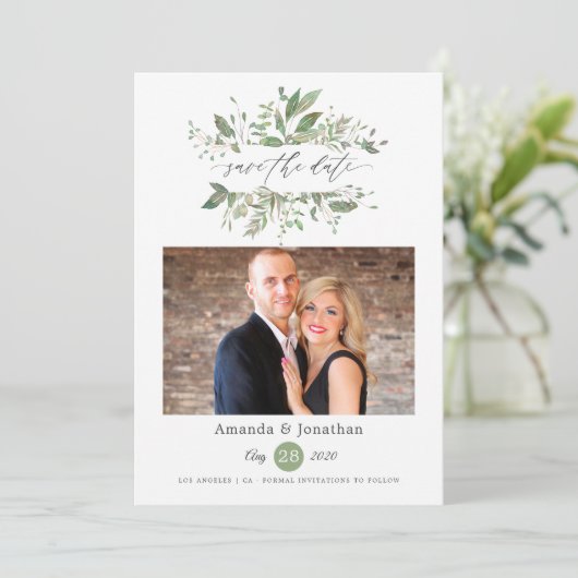 Waterverf Greenery Foto Wedding Save The Date (Staand voorkant)