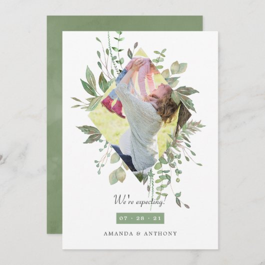 Waterverf Greenery Foto Zwangerschap Aankondiging (Voorkant / Achterkant)