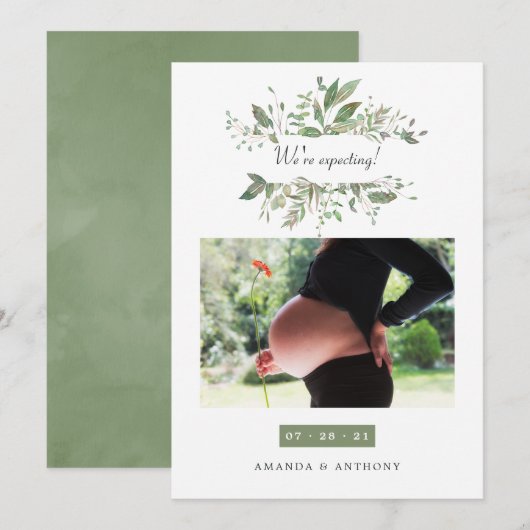 Waterverf Greenery Foto Zwangerschap Aankondiging (Voorkant / Achterkant)