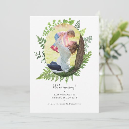 Waterverf Greenery Foto Zwangerschap Aankondiging (Staand voorkant)