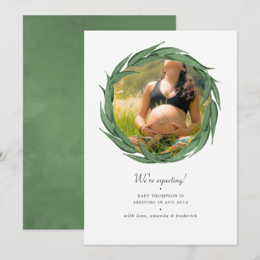 Waterverf Greenery Foto Zwangerschap Aankondiging (Voorkant / Achterkant)