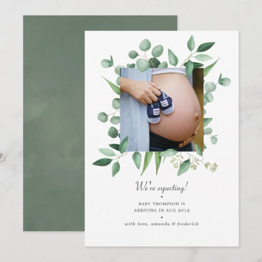 Waterverf Greenery Foto Zwangerschap Aankondiging (Voorkant / Achterkant)
