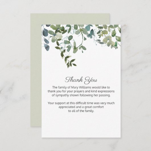 Waterverf Greenery Funeral Bereavement Hartelijk d Bedankkaart (Voorkant / Achterkant)