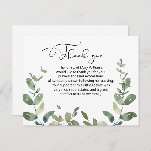 Waterverf Greenery Funeral Dank u Kaart (Voorkant / Achterkant)