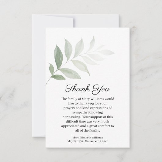 Waterverf Greenery Funeral Hartelijk dank Bedankkaart (Voorkant)