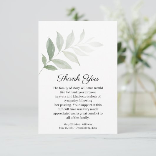 Waterverf Greenery Funeral Hartelijk dank Bedankkaart (Staand voorkant)