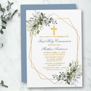 Waterverf Greenery Geo Lijst Dusty Blue Communion Kaart