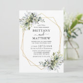 Waterverf Greenery Geo Lijst Dusty Blue Wedding Kaart (Staand voorkant)