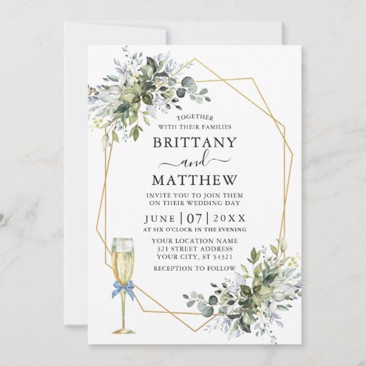 Waterverf Greenery Geo Lijst Glass Bow Dusty Blue Kaart (Voorkant)