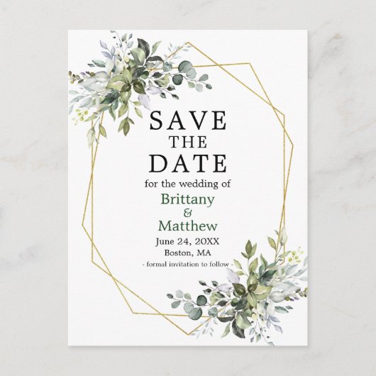 Waterverf Greenery Geo Lijst Green Save the Date Briefkaart (Voorkant)