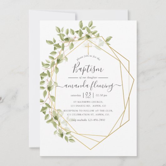 Waterverf Greenery Geometric Baptisme Kaart (Voorkant)