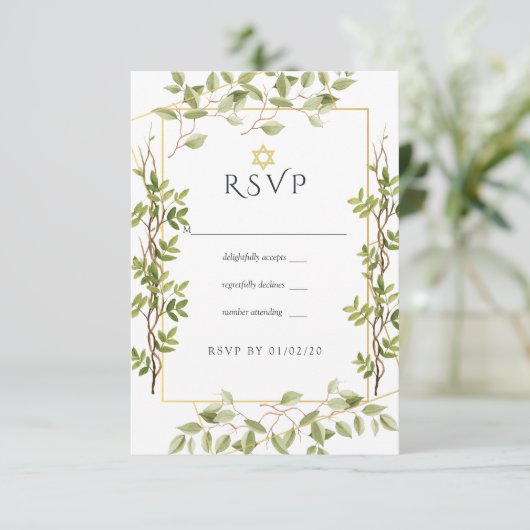 Waterverf Greenery Geometric Bat Mitzvah RSVP Kaartje (Staand voorkant)