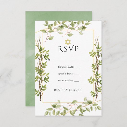 Waterverf Greenery Geometric Bat Mitzvah RSVP Kaartje (Voorkant / Achterkant)