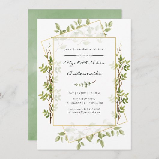 Waterverf Greenery Geometric Bridesmaids Luncheon Kaart (Voorkant / Achterkant)