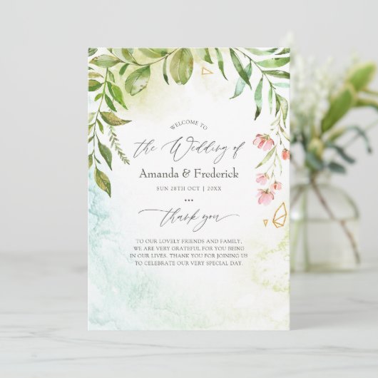 Waterverf Greenery Geometric Crystal Wedding Programmakaart (Staand voorkant)