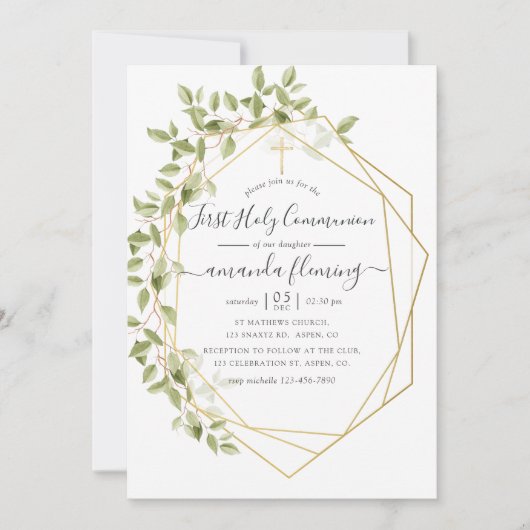 Waterverf Greenery Geometric First Heilige Communi Kaart (Voorkant)