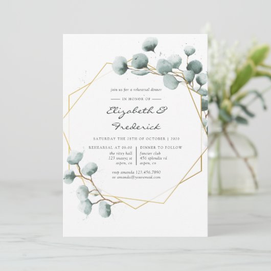 Waterverf Greenery Geometric Rehearsal Dinner Kaart (Staand voorkant)