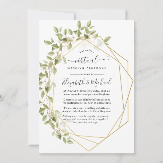 Waterverf Greenery Geometric Virtual Wedding Kaart (Voorkant)