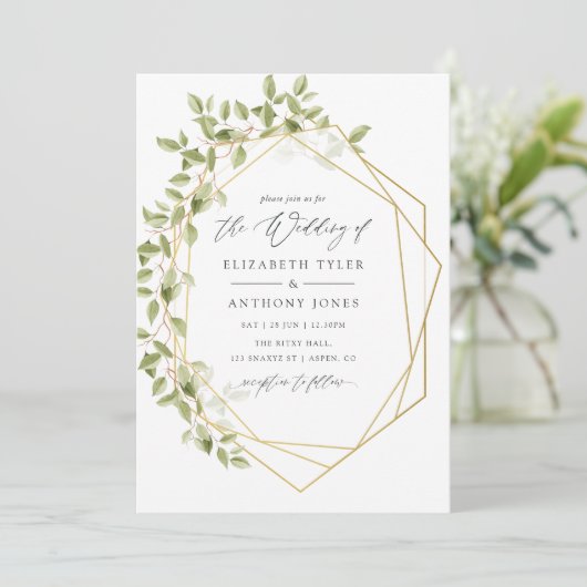 Waterverf Greenery Geometric Wedding Kaart (Staand voorkant)