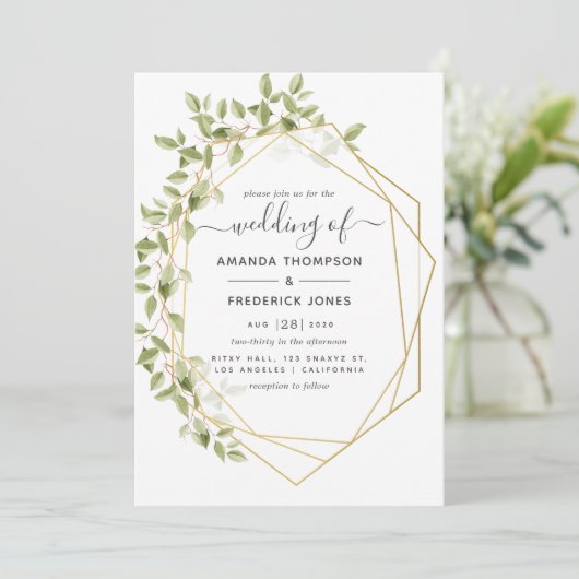 Waterverf Greenery Geometric Wedding Kaart (Staand voorkant)