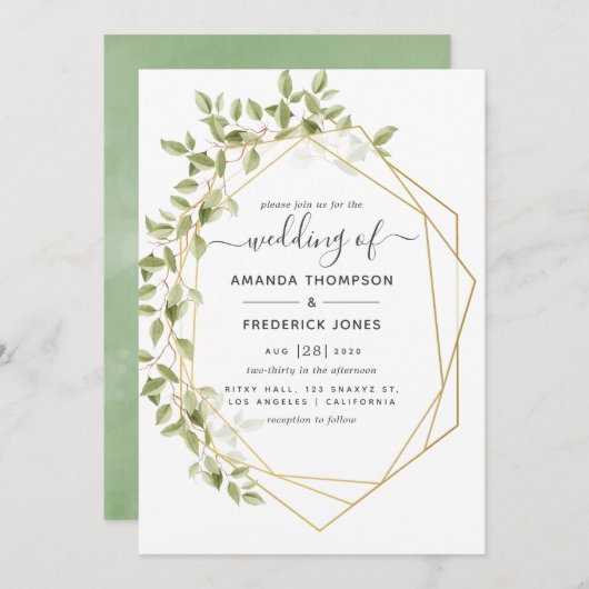 Waterverf Greenery Geometric Wedding Kaart (Voorkant / Achterkant)