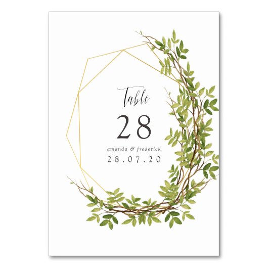 Waterverf Greenery Geometric Wedding Table Number Kaart (Voorkant)