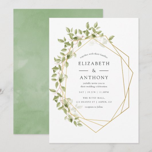 Waterverf Greenery Geometric Wedding Uitnodiging (Voorkant / Achterkant)