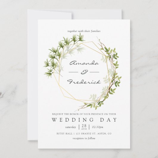 Waterverf Greenery Geometric Wedding Uitnodiging (Voorkant)