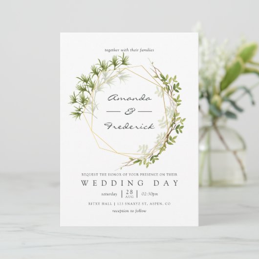 Waterverf Greenery Geometric Wedding Uitnodiging (Staand voorkant)