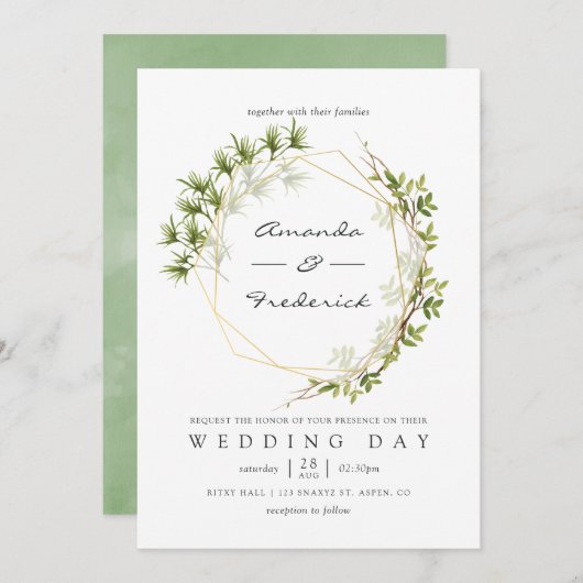 Waterverf Greenery Geometric Wedding Uitnodiging (Voorkant / Achterkant)