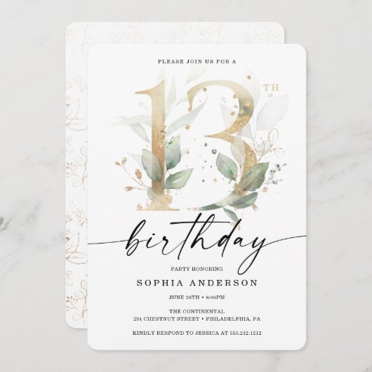 Waterverf Greenery Gold 13e verjaardag Kaart (Voorkant / Achterkant)