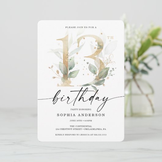 Waterverf Greenery Gold 13e verjaardag Kaart (Staand voorkant)
