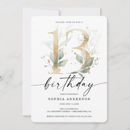 Waterverf Greenery Gold 13e verjaardag Kaart (Voorkant)
