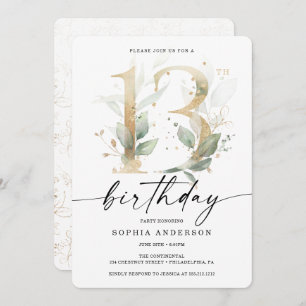 Waterverf Greenery Gold 13e verjaardag Kaart