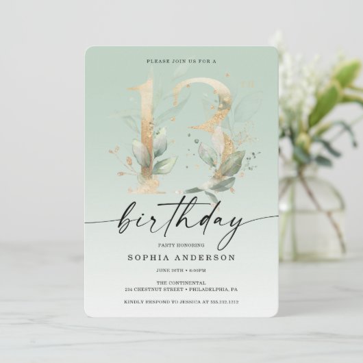 Waterverf Greenery Gold 13th Birthday Party Invit Kaart (Staand voorkant)
