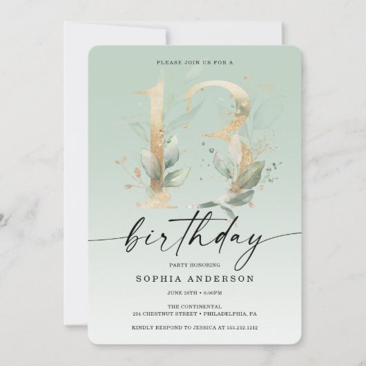 Waterverf Greenery Gold 13th Birthday Party Invit Kaart (Voorkant)