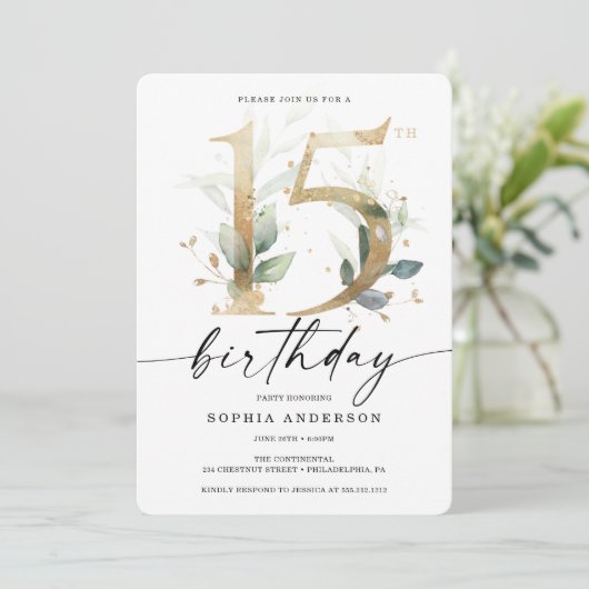 Waterverf Greenery Gold 15e verjaardag Kaart (Staand voorkant)